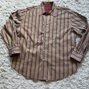 Robert Graham Brown Striped Navajo print Flip Cuff Button Up Shirt 2XL